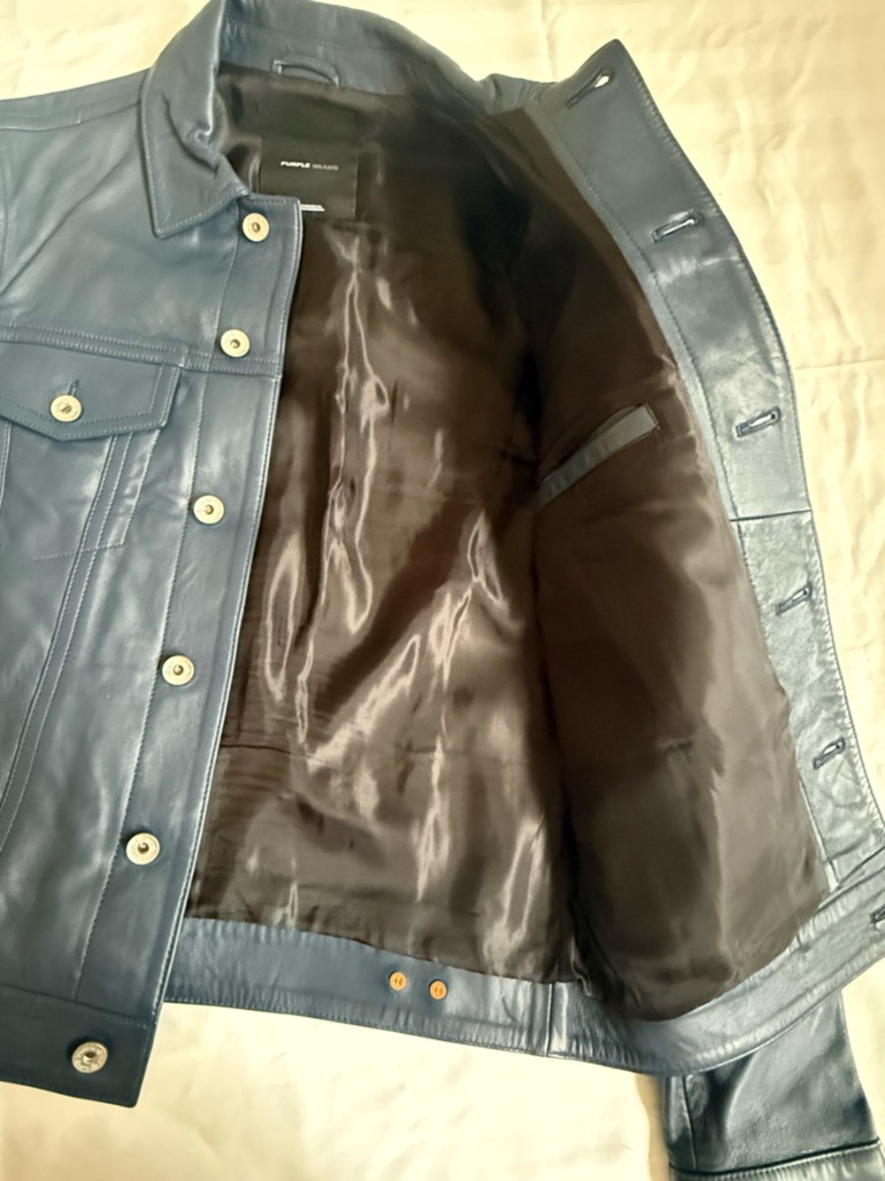 Purple Brand Luxury Navy Trucker/Bomber Jacket 100% Lamb Leather Men’s Sz S - Picture 11 of 11